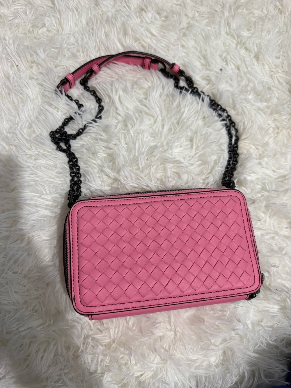 Bottega Veneta Pink Intrecciato Leather Crossbody with Black Chain